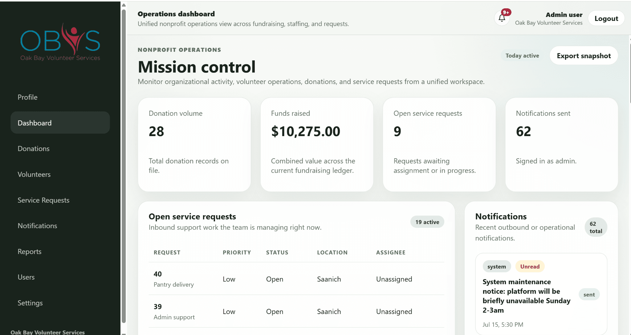 OBVS administrative dashboard