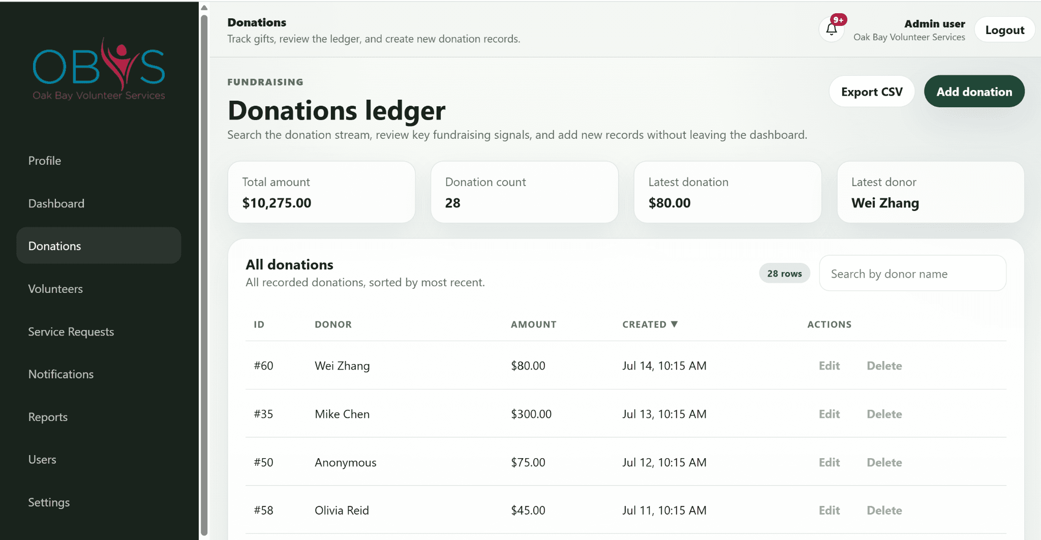 OBVS donation management page