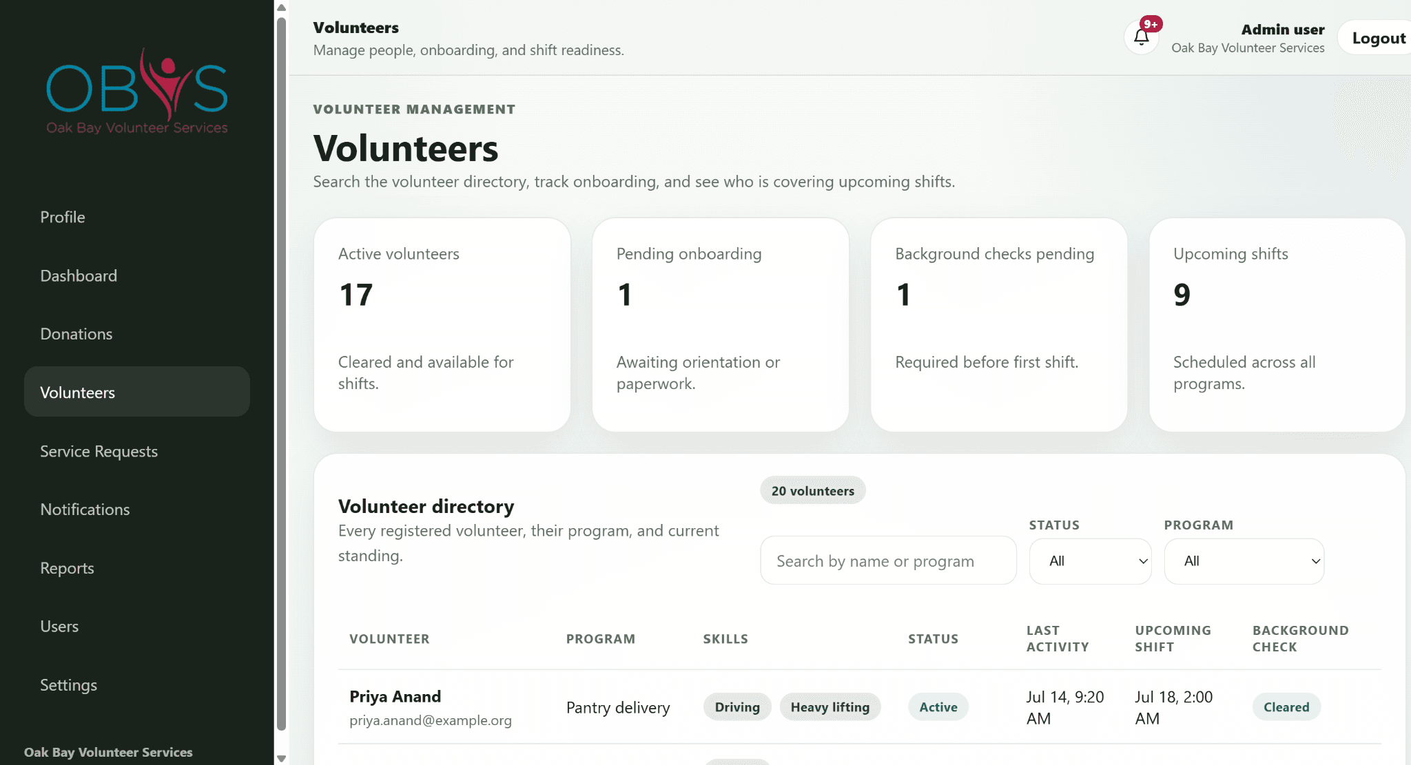 OBVS volunteer management page